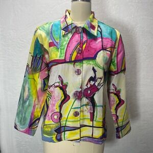Life Style LP Unique Pink Abstract Art Print Beaded Button Jacket Women's Top‎